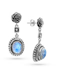 Carved Rose Rainbow Moonstone Sterling Silver Bali Earrings