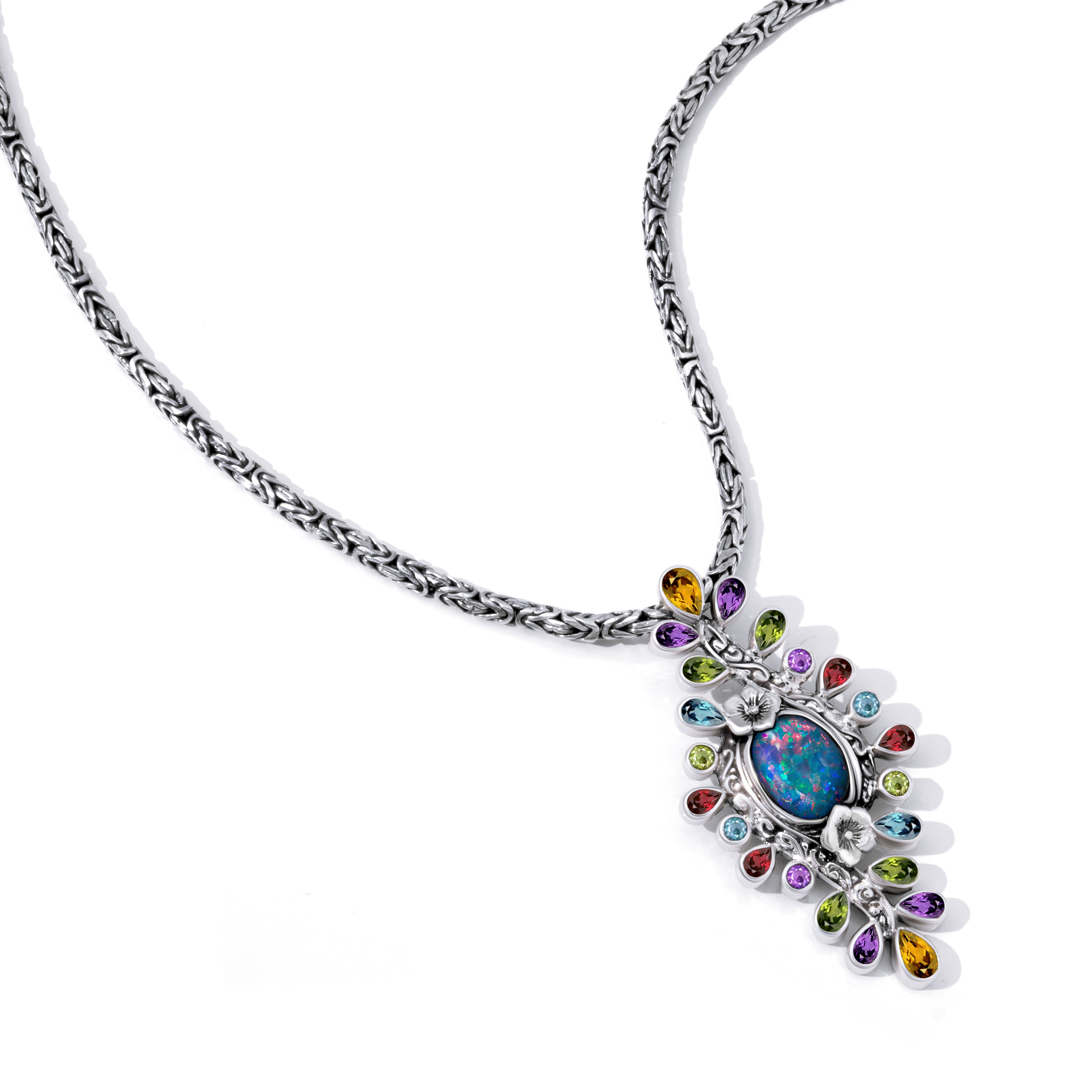 Opal Dreams: A Jeweled Bouquet Sterling Silver Pendant