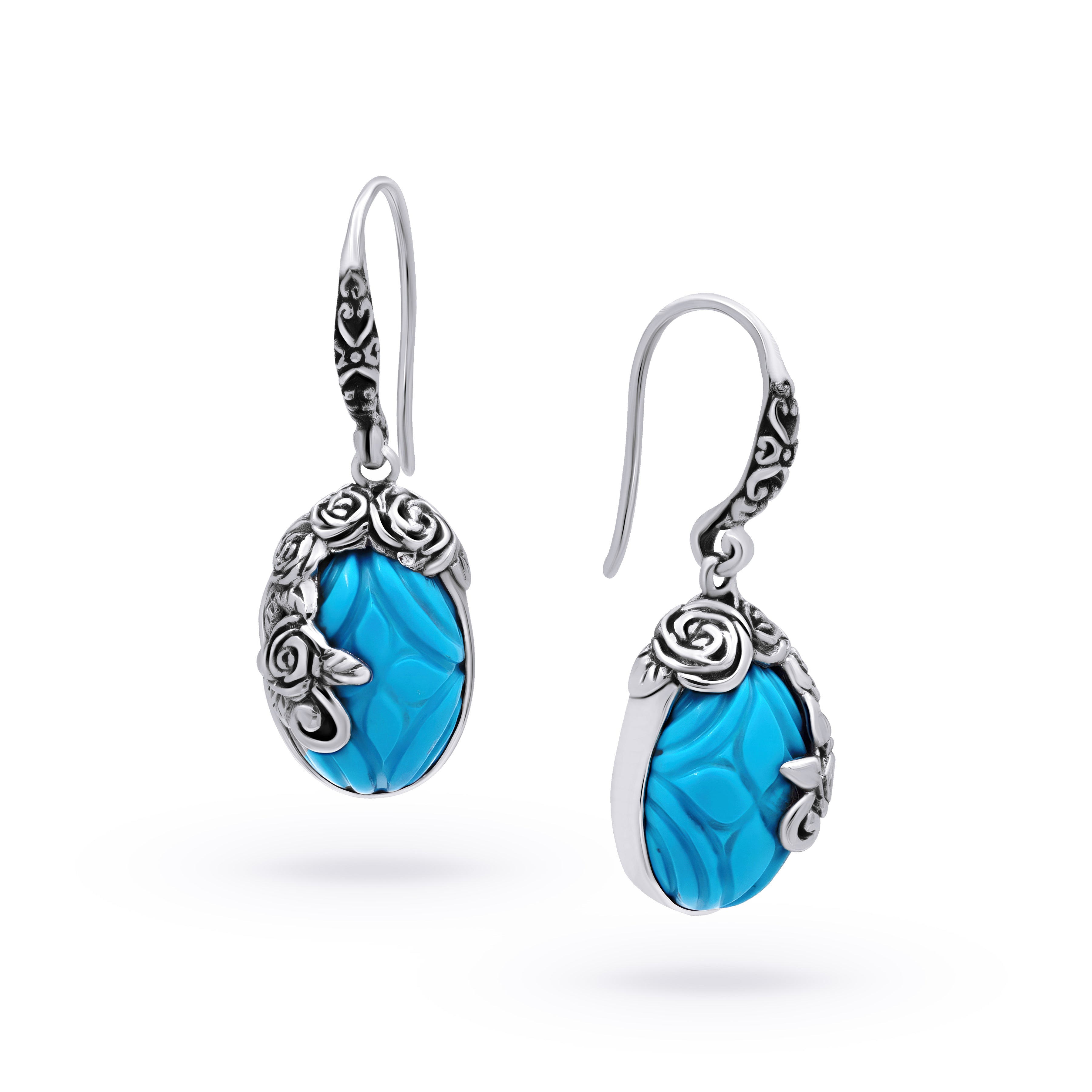 Carved Turquoise Sterling Silver Bali Drop Earrings