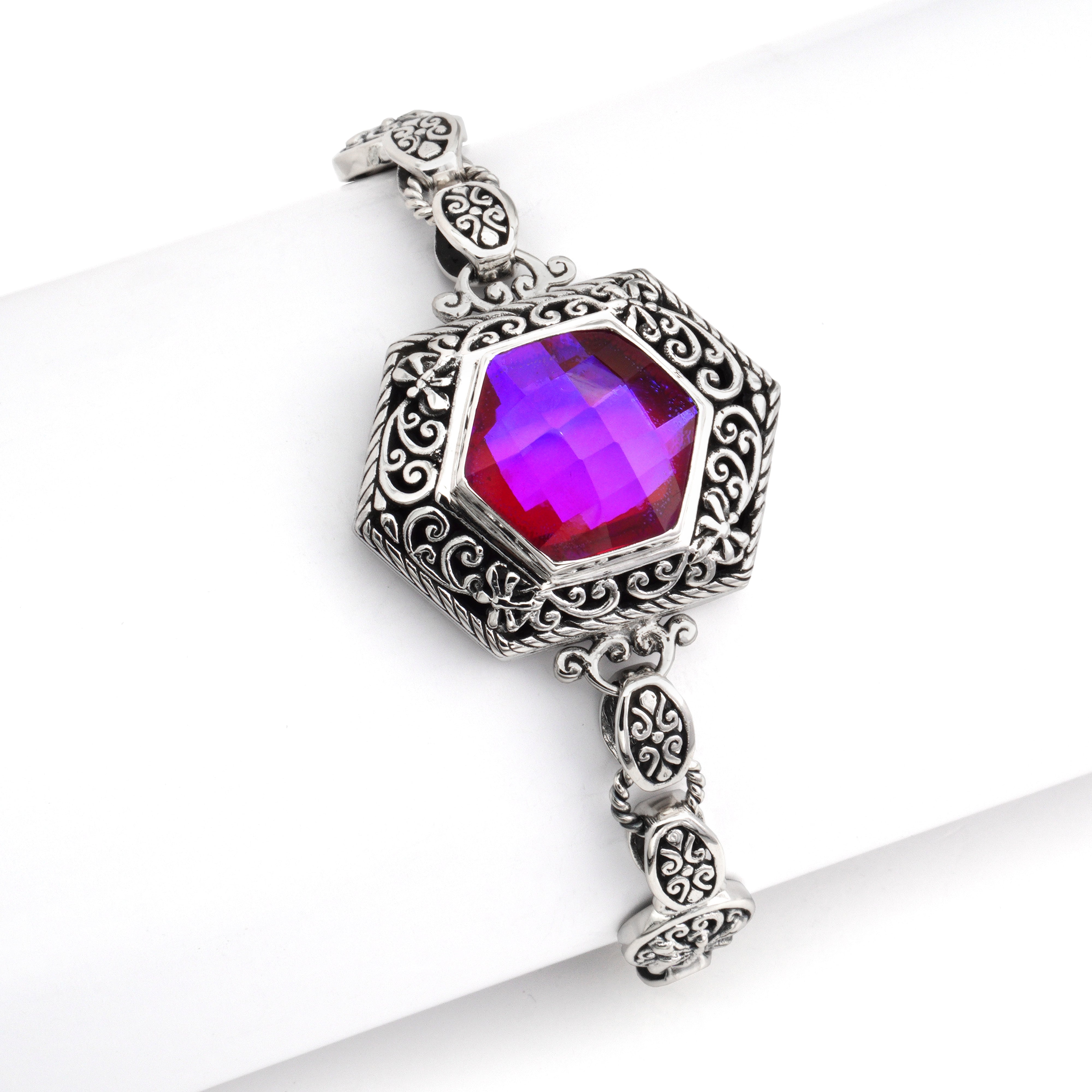 Royal Quartz Elegance – Sterling Silver Bali Statement Bracelet