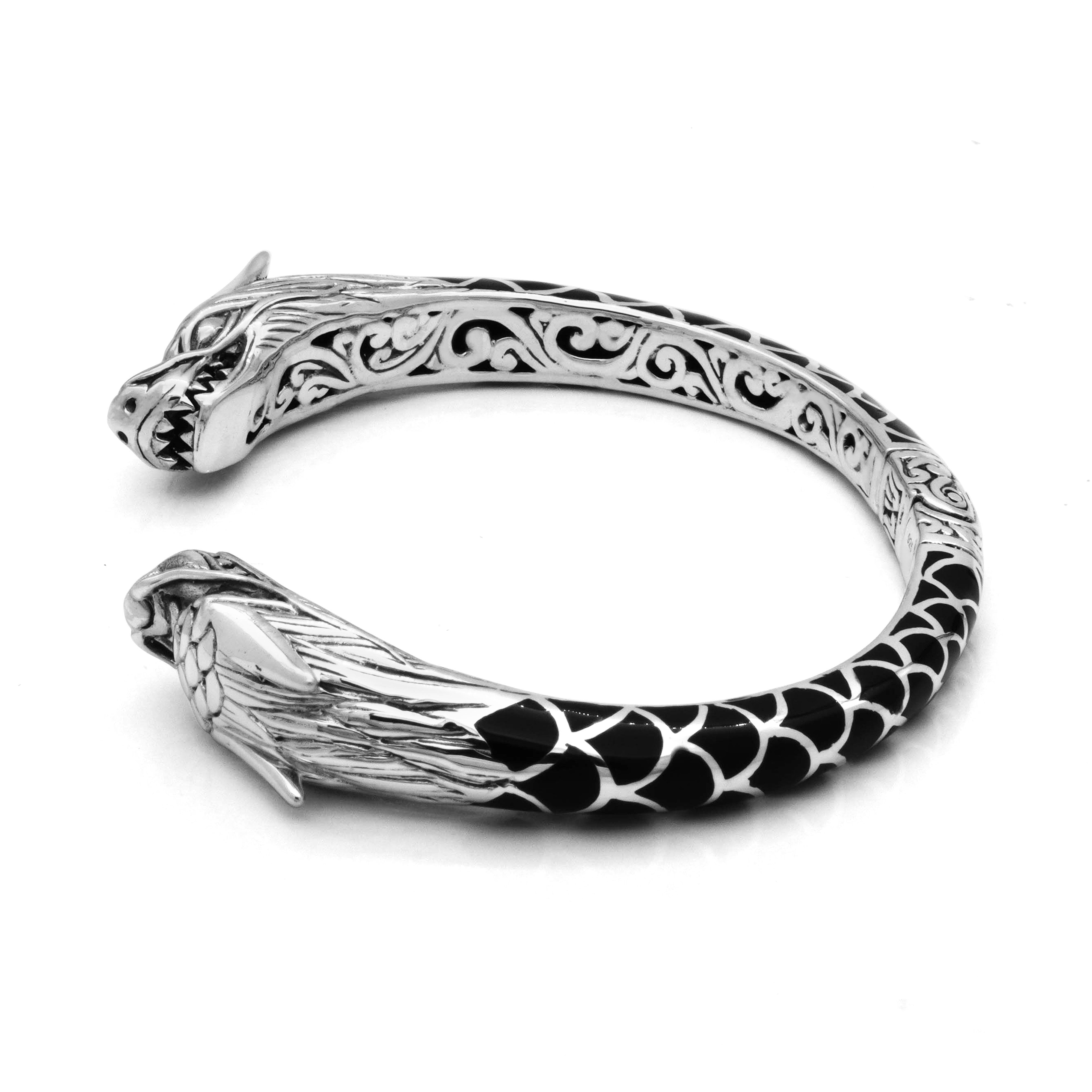 Mystic Sterling Silver Black Shell Double Dragon Bangle