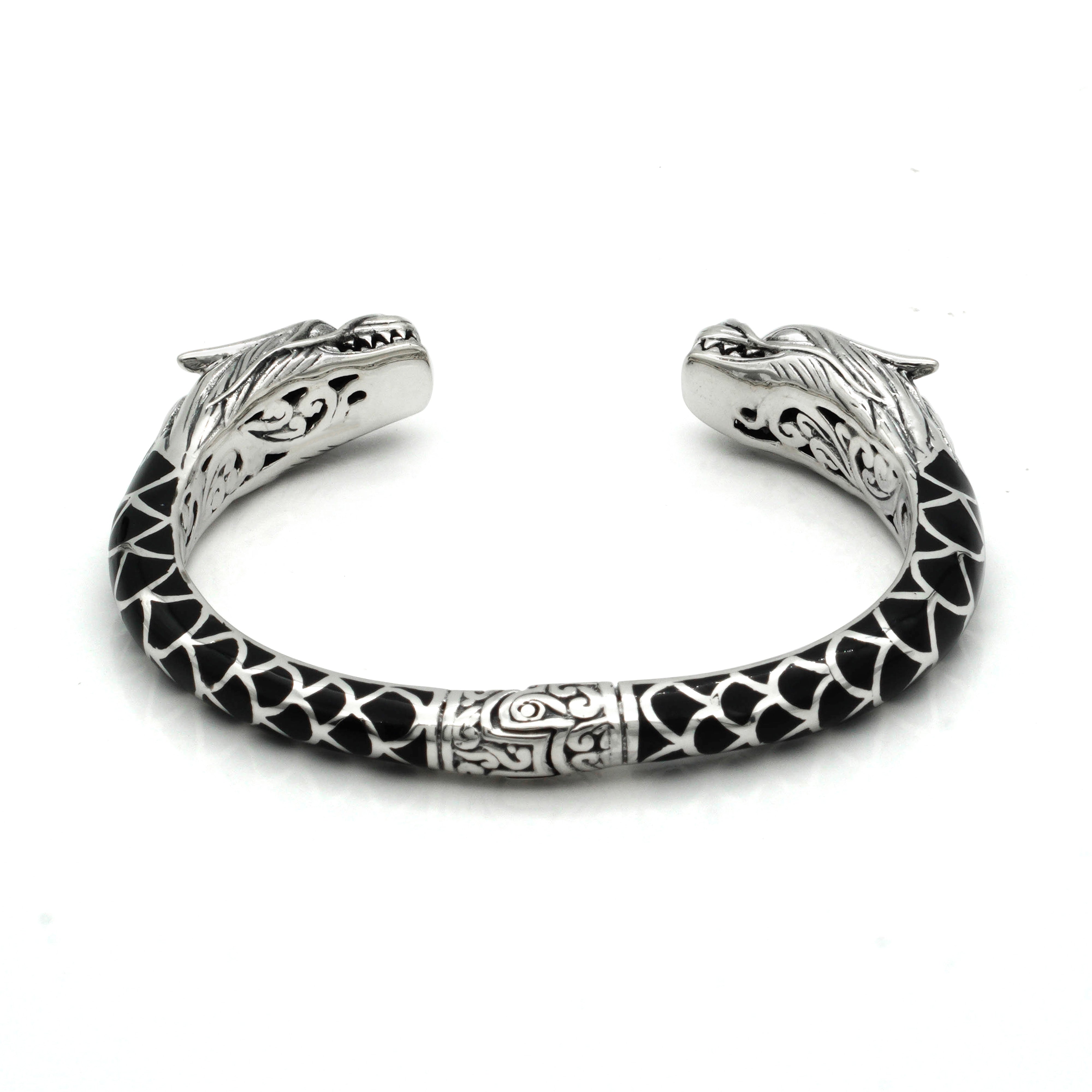 Mystic Sterling Silver Black Shell Double Dragon Bangle