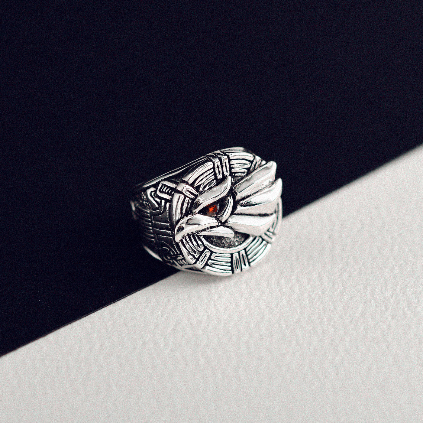Sterling Silver Eagle Ring with Garnet Eyes