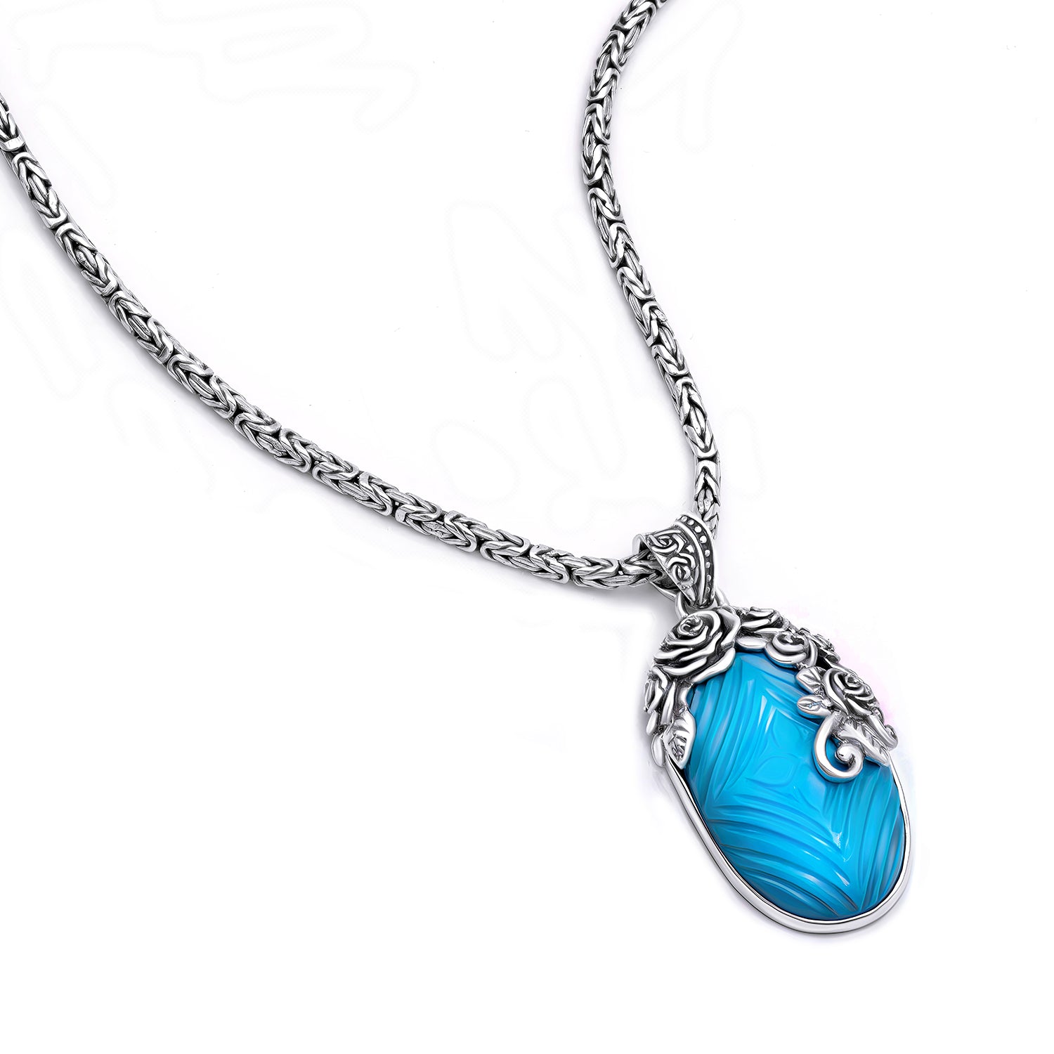 Sterling Silver &amp; Carved Turquoise Balinese Pendant