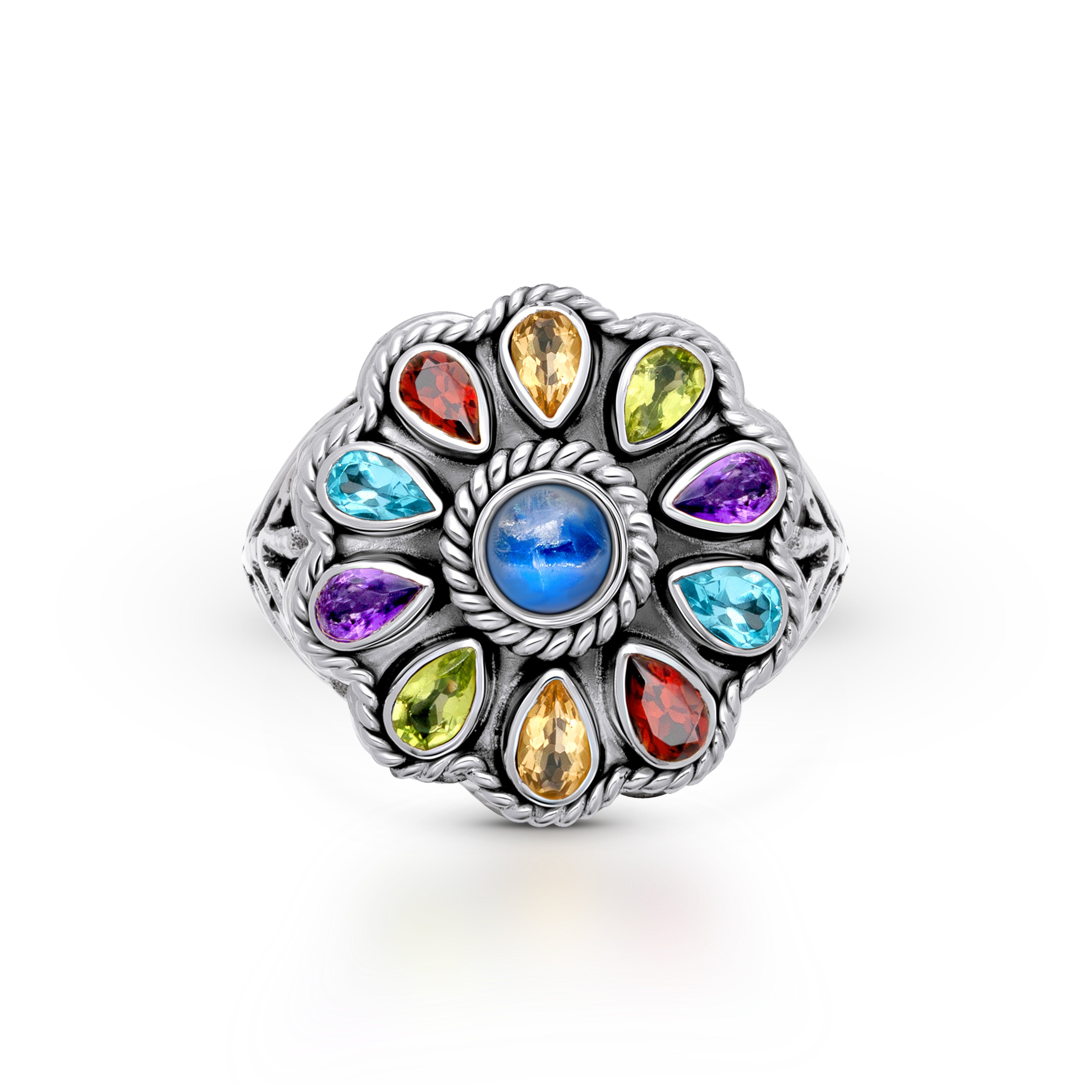Balinese Artisan Rainbow Multistone Sterling Silver Ring